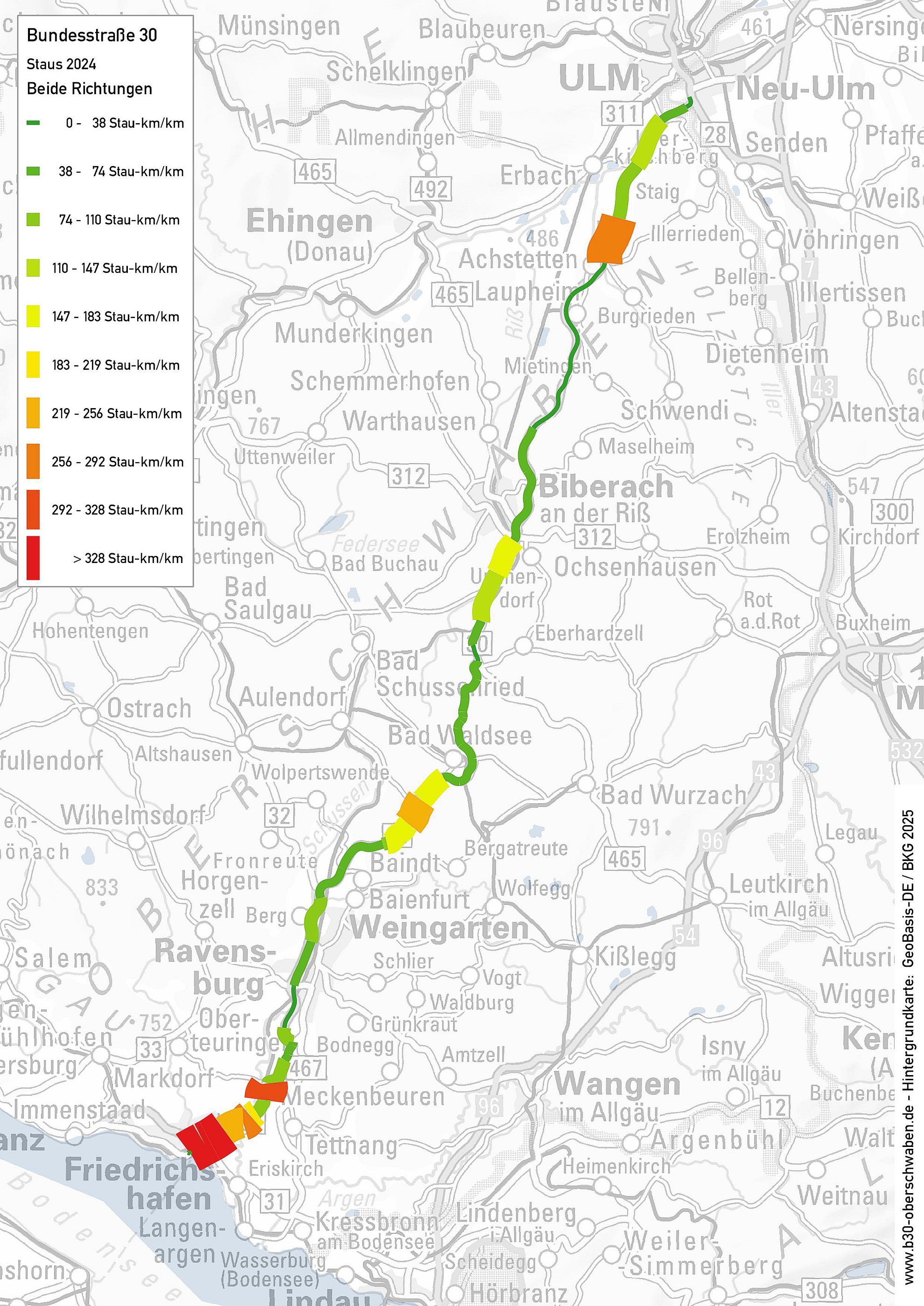 Das Bild zeigte eine Karte mit der B30 von Ulm bis Friedrichshafen und den Staukilometern pro Kilometer.